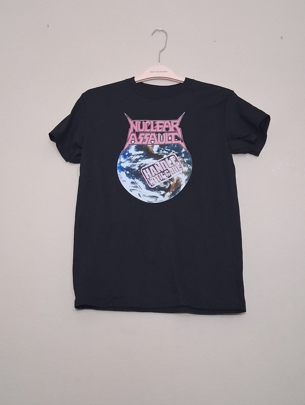 Gildan Nuclear Assault Black Tee with Pink Logo & Blue Earth Graphic